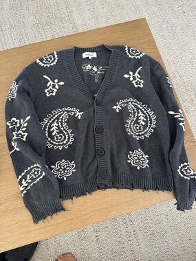 Grey Paisley Button-Up Cardigan Sweater